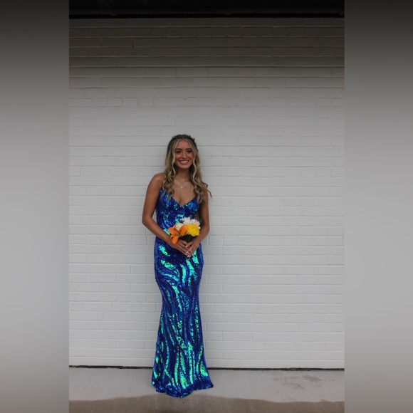 Windsor Blue and Green Sequin Prom Dress - Picture 7 of 8